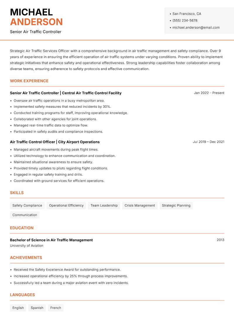 Air Traffic Services Officer resume template — Modern Professional