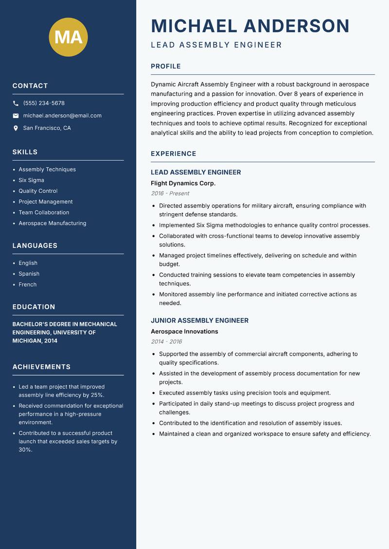 Aircraft Assembly Engineer resume template — Classic Clean