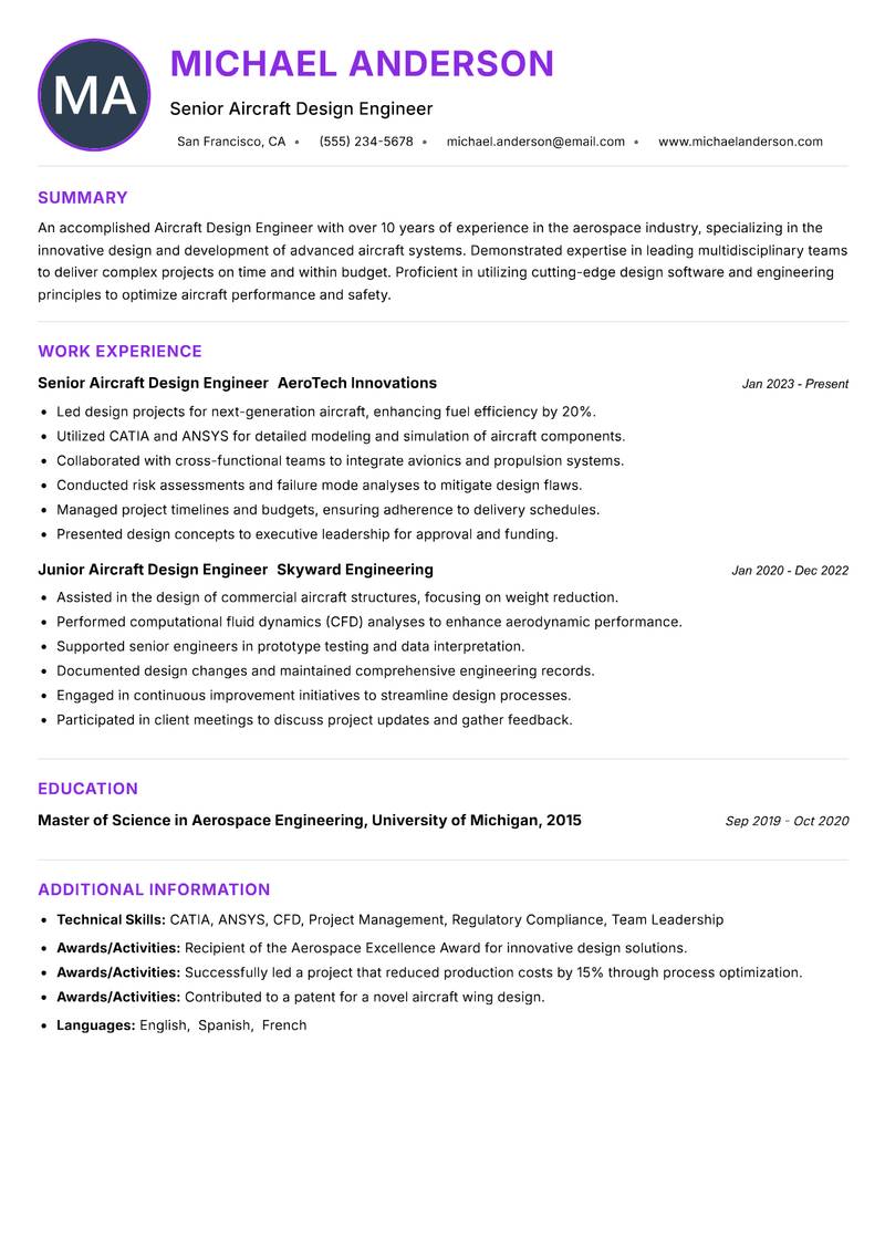 Aircraft Design Engineer resume example — ATS-friendly template