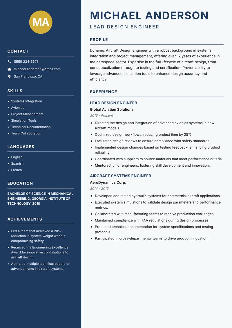 Aircraft Design Engineer resume template — Classic Clean