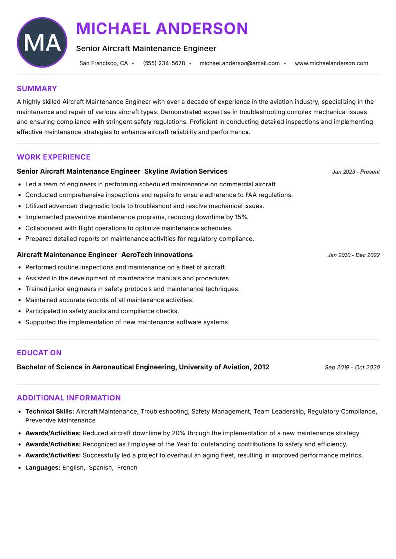 Aircraft Maintenance Engineer resume example — ATS-friendly template
