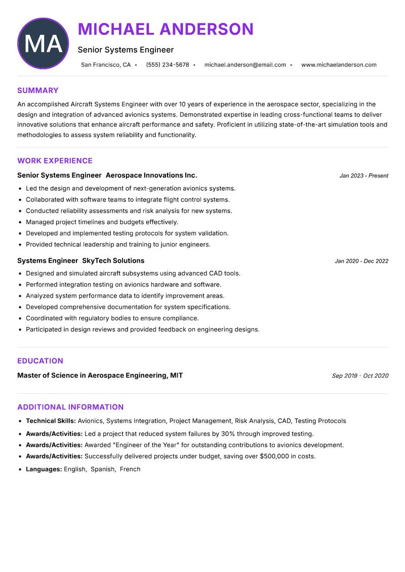 Aircraft Systems Engineer resume example — ATS-friendly template
