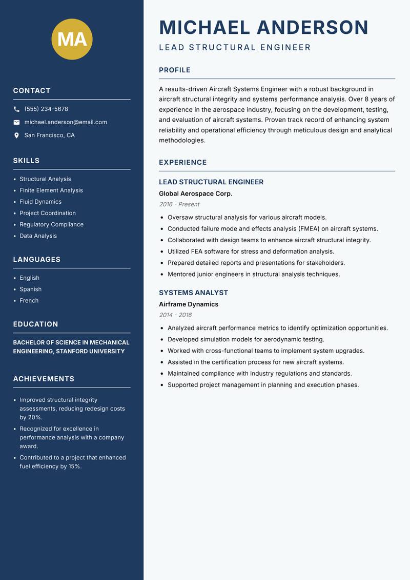Aircraft Systems Engineer resume template — Classic Clean
