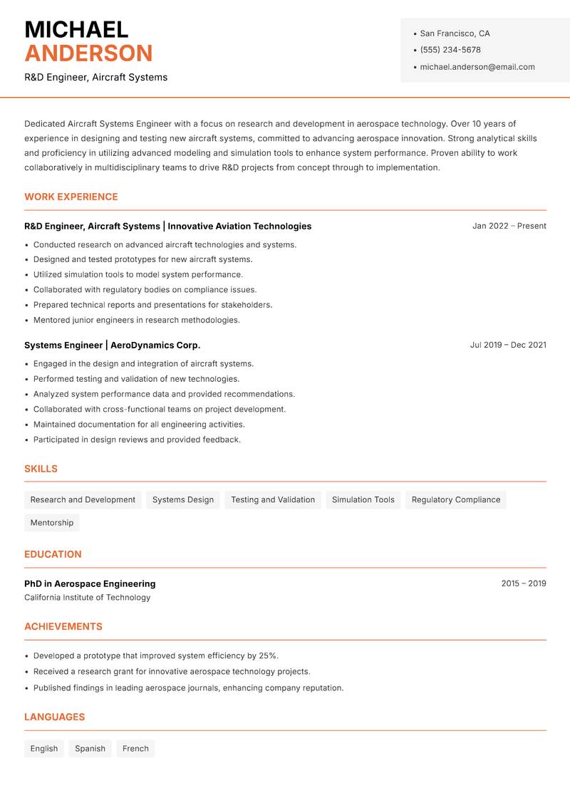 Aircraft Systems Engineer resume template — Modern Professional