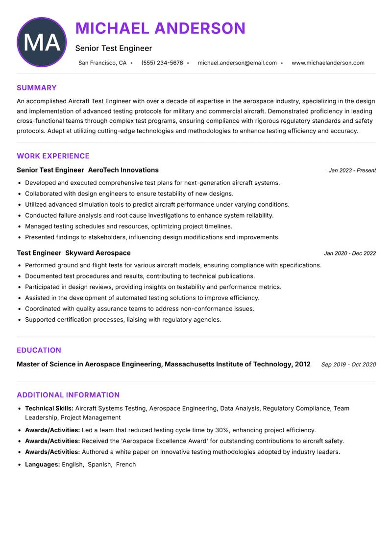 Aircraft Test Engineer resume example — ATS-friendly template