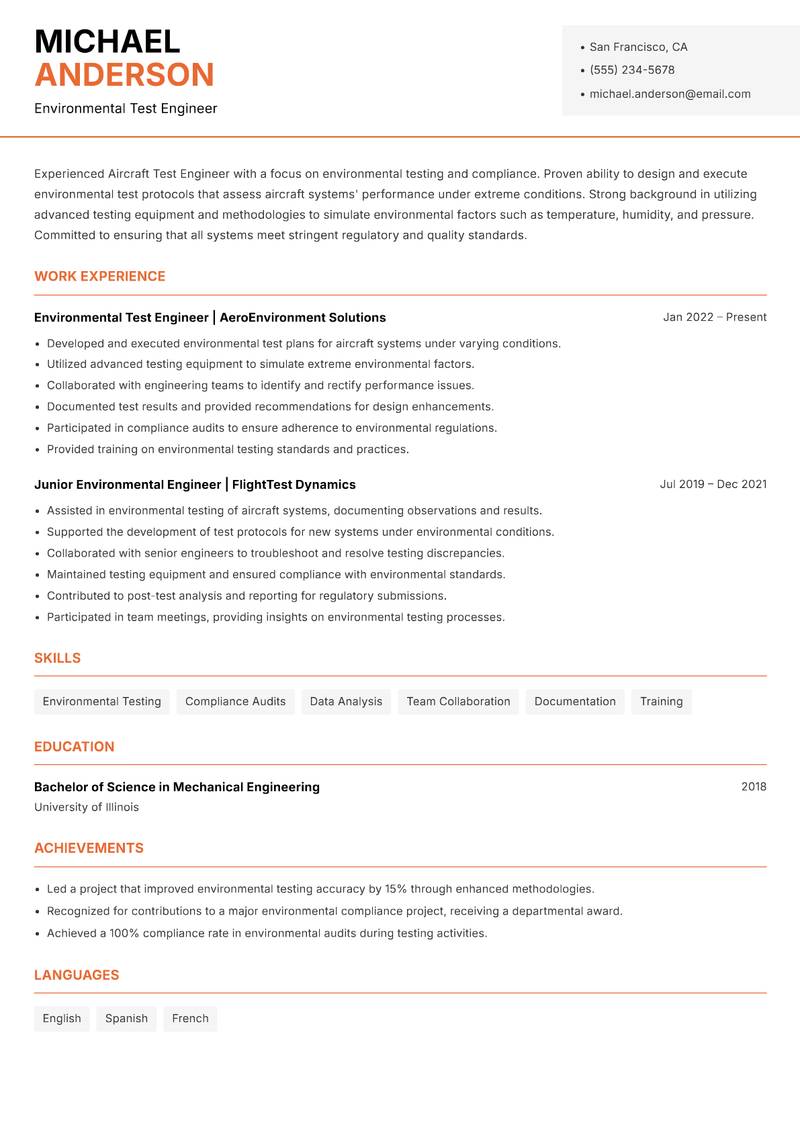 Aircraft Test Engineer resume template — Modern Professional