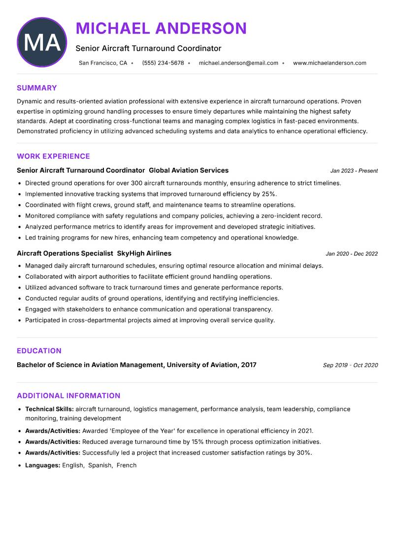 Aircraft Turnaround Coordinator resume example — ATS-friendly template