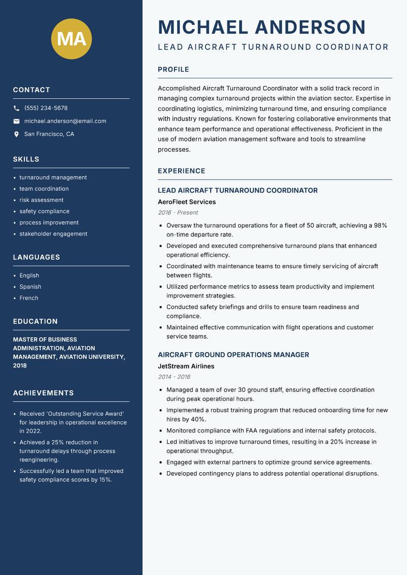 Aircraft Turnaround Coordinator resume template — Classic Clean