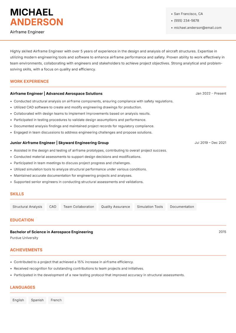 Airframe Engineer resume template — Modern Professional