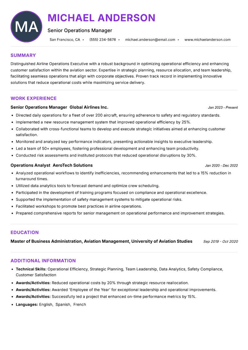 Airline Operations Executive resume example — ATS-friendly template