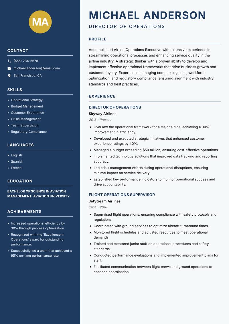 Airline Operations Executive resume template — Classic Clean