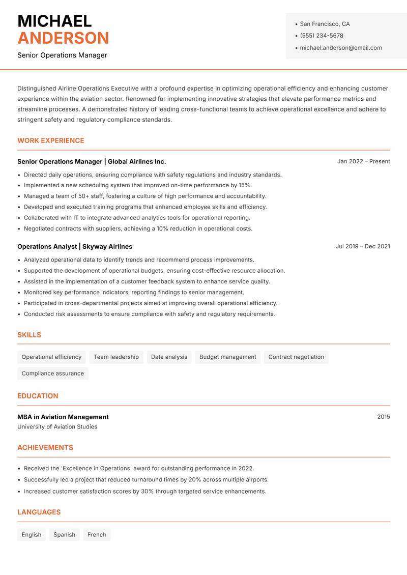 Airline Operations Executive resume template — Modern Professional