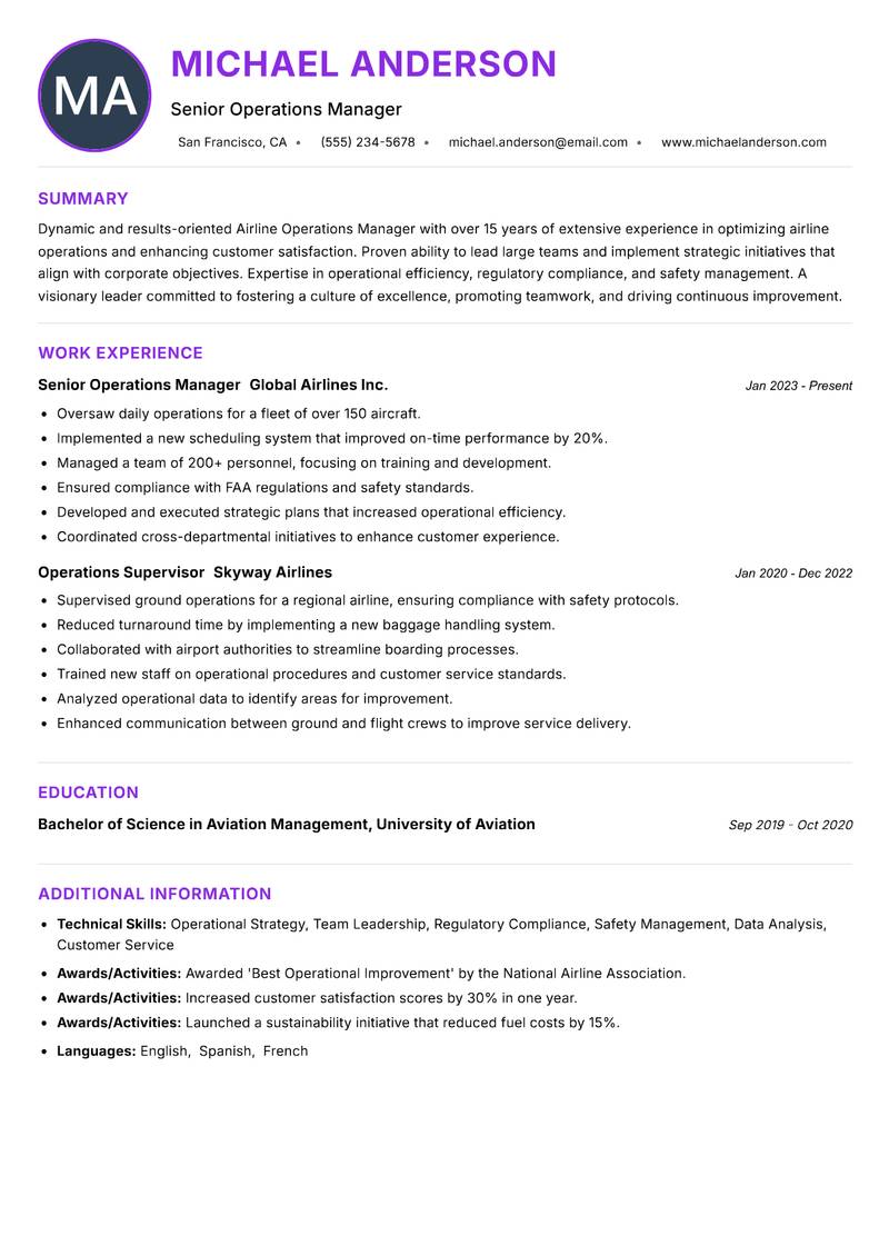 Airline Operations Manager resume example — ATS-friendly template