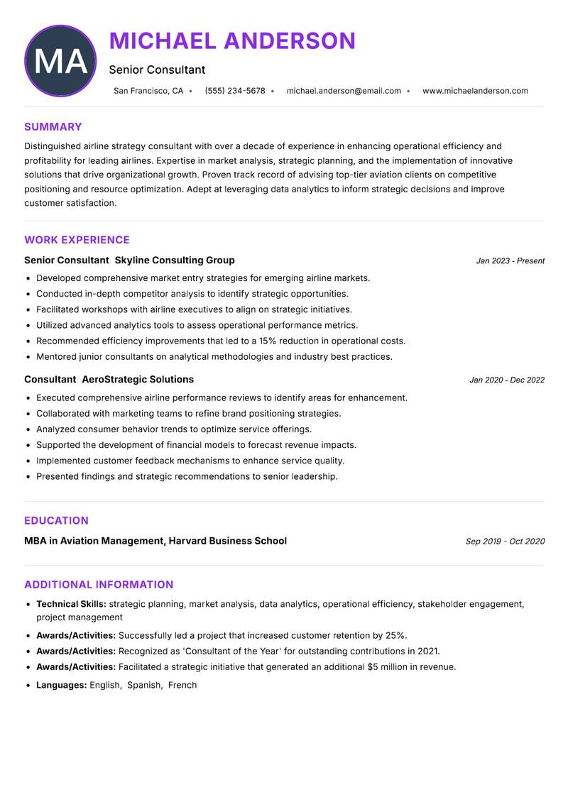 Airline Strategy Consultant resume example — ATS-friendly template