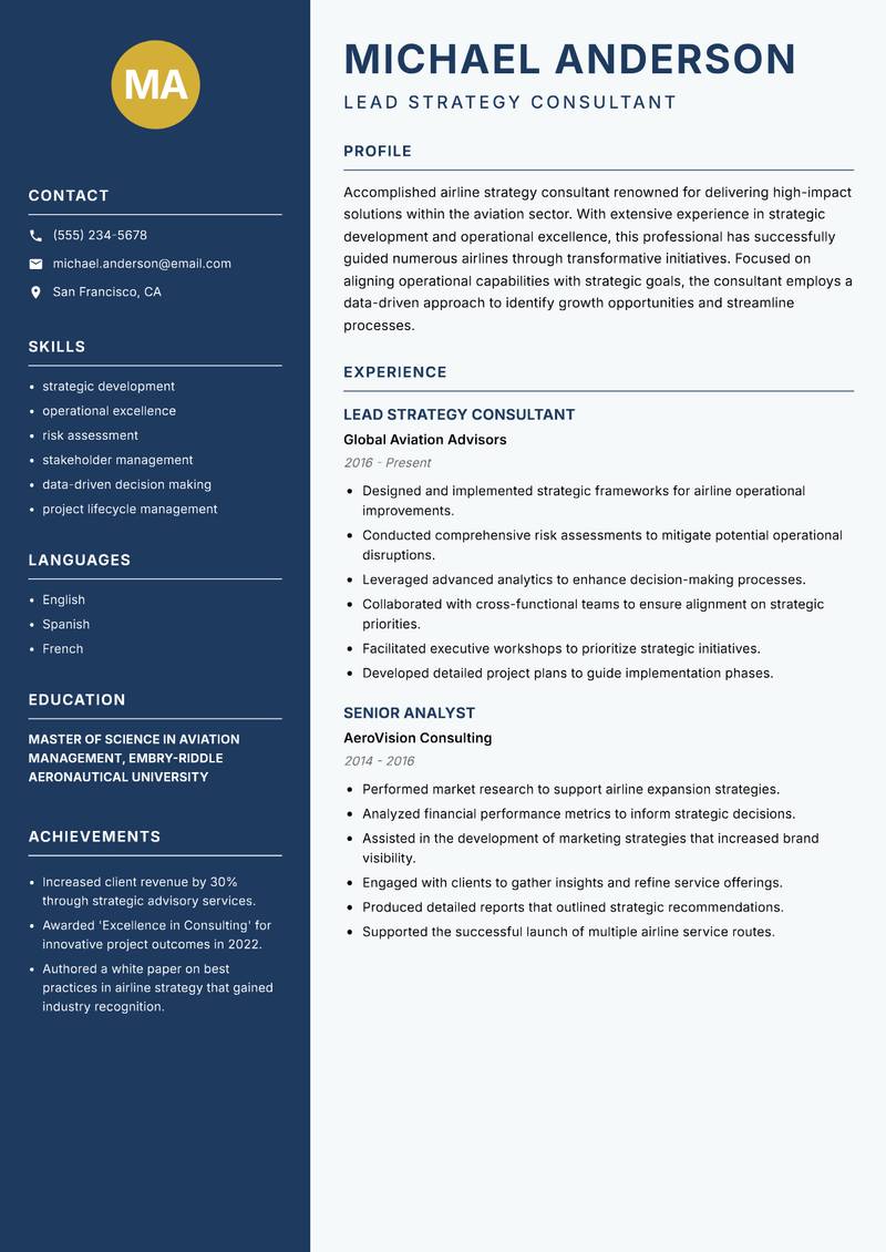 Airline Strategy Consultant resume template — Classic Clean