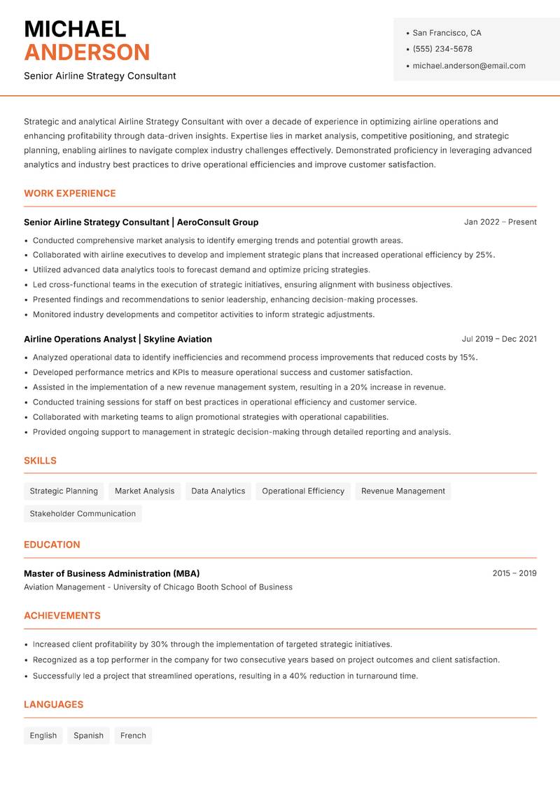 Airline Strategy Consultant resume template — Modern Professional