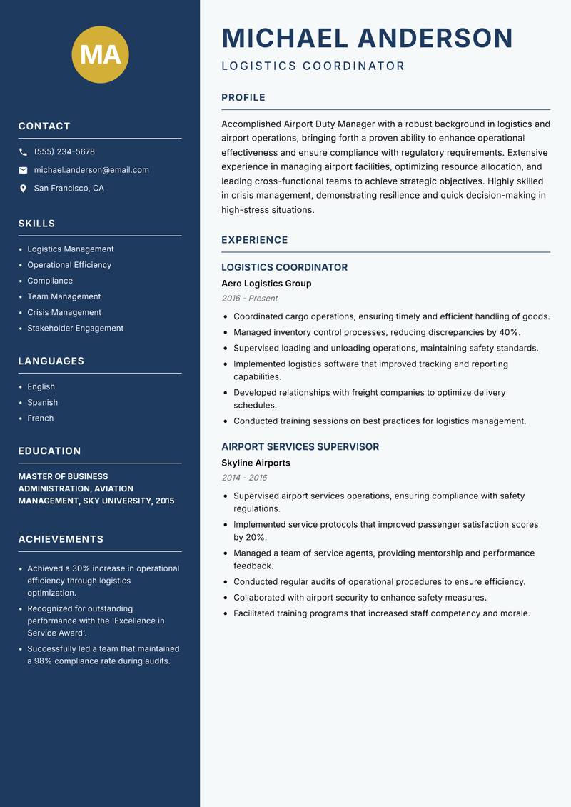 Airport Duty Manager resume template — Classic Clean