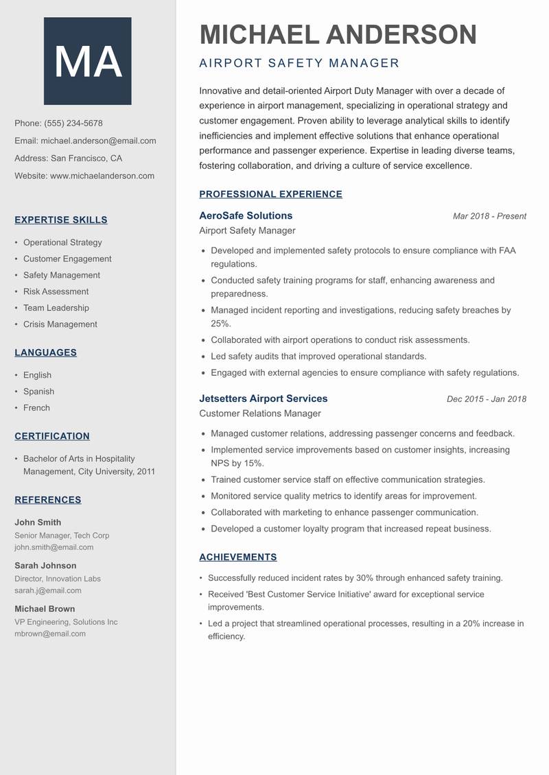 Airport Duty Manager resume template — Creative Minimal