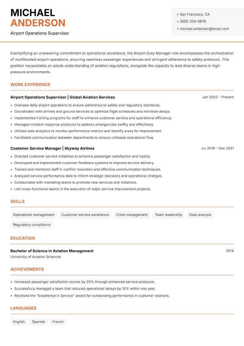 Airport Duty Manager resume template — Modern Professional