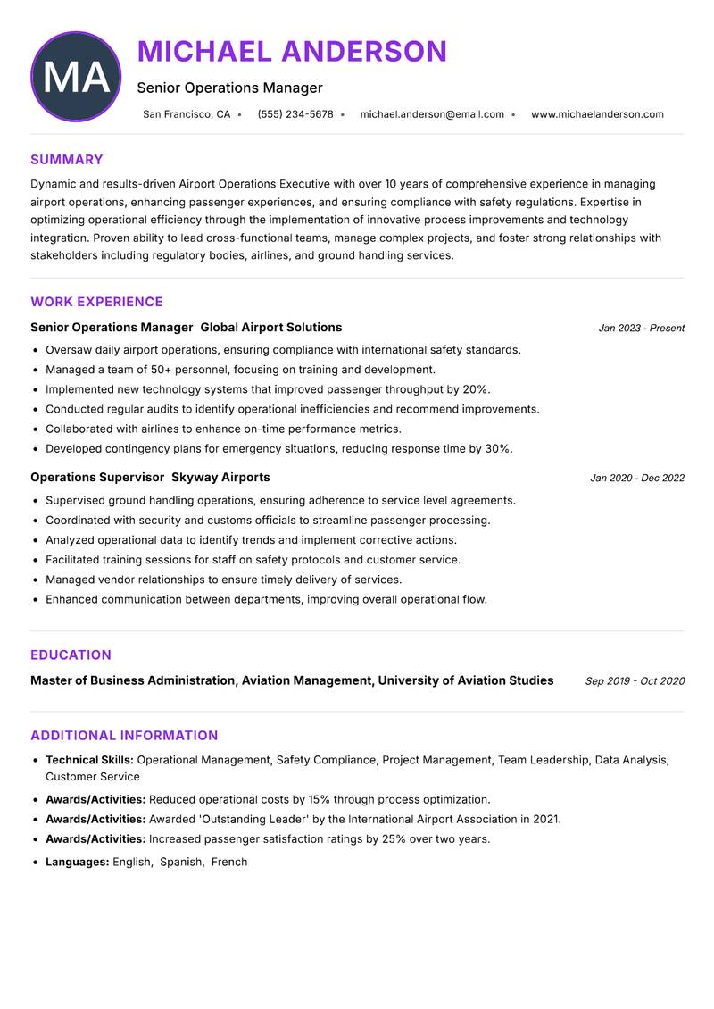 Airport Operations Executive resume example — ATS-friendly template