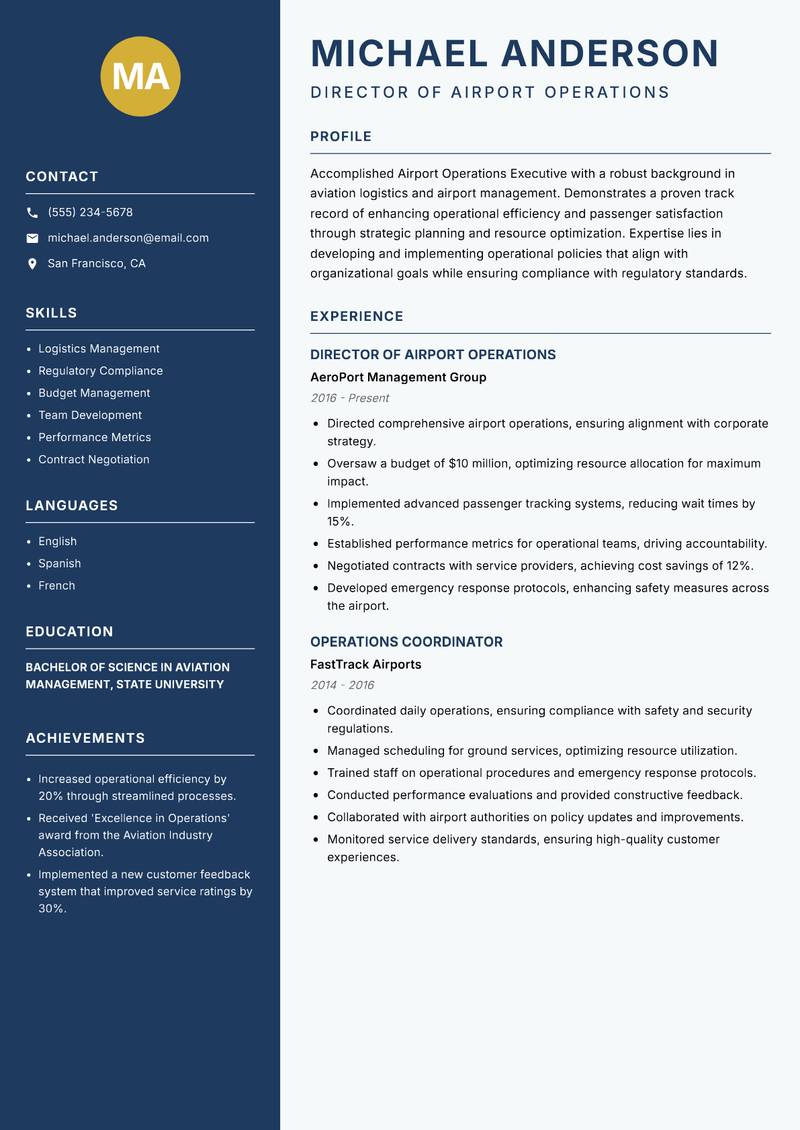Airport Operations Executive resume template — Classic Clean