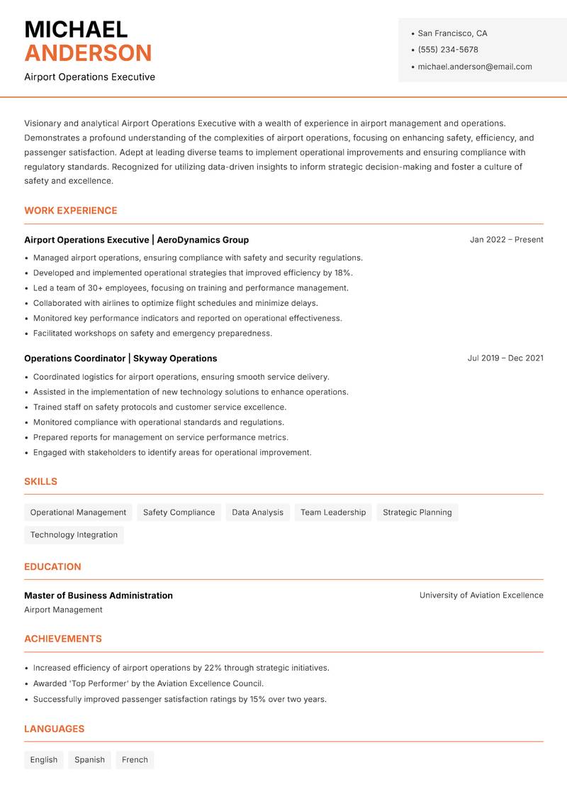 Airport Operations Executive resume template — Modern Professional