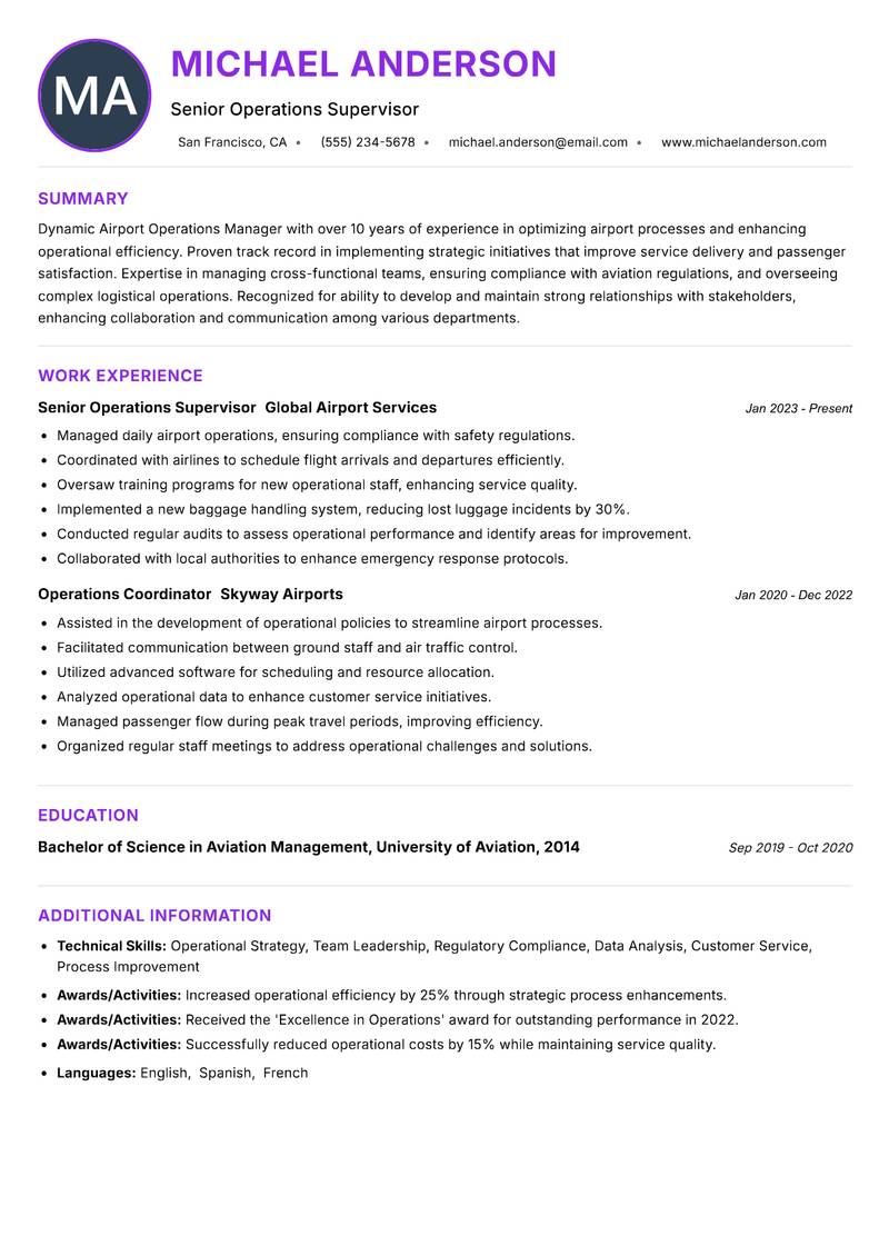 Airport Operations Manager resume example — ATS-friendly template