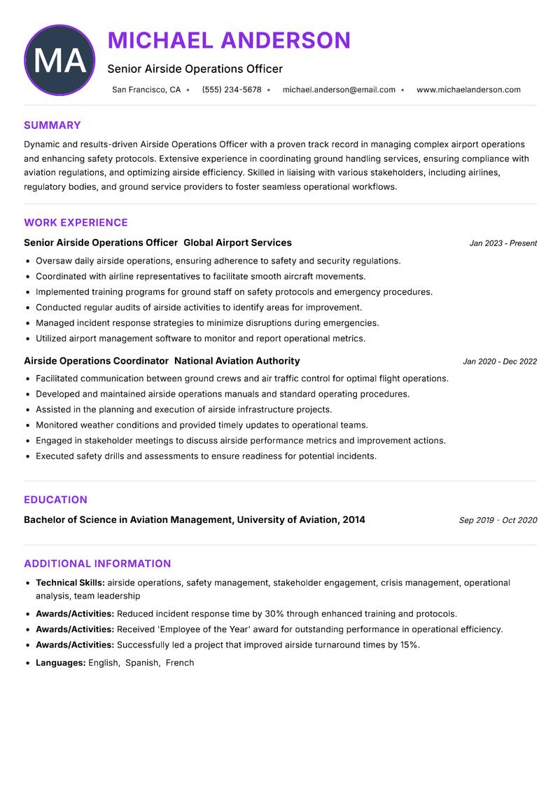 Airside Operations Officer resume example — ATS-friendly template