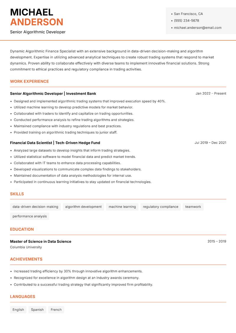 Algorithmic Finance Specialist resume template — Modern Professional