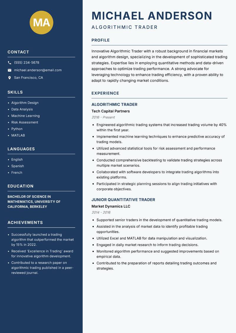 Algorithmic Trader resume template — Classic Clean