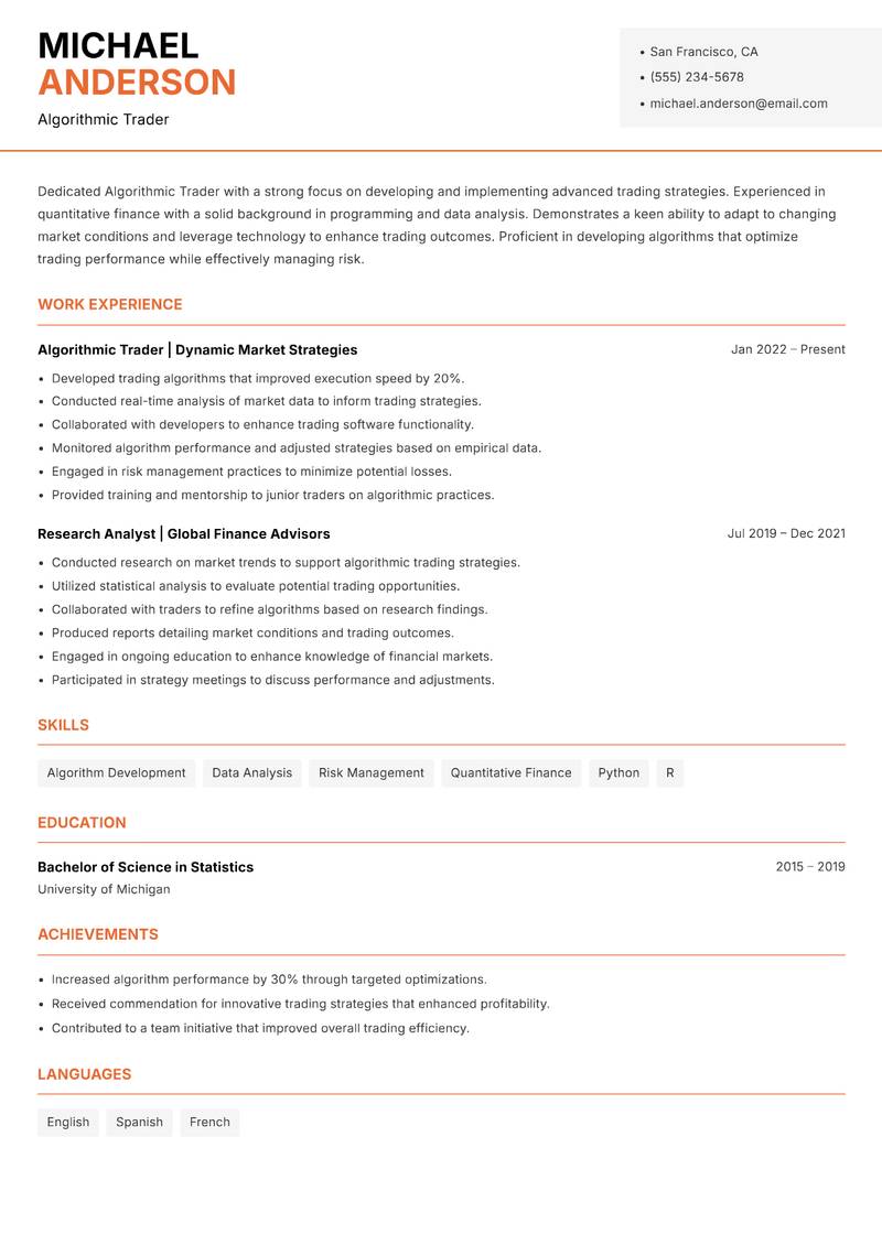 Algorithmic Trader resume template — Modern Professional
