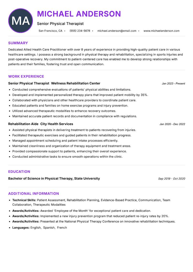 Allied Health Care Practitioner resume example — Allied Health