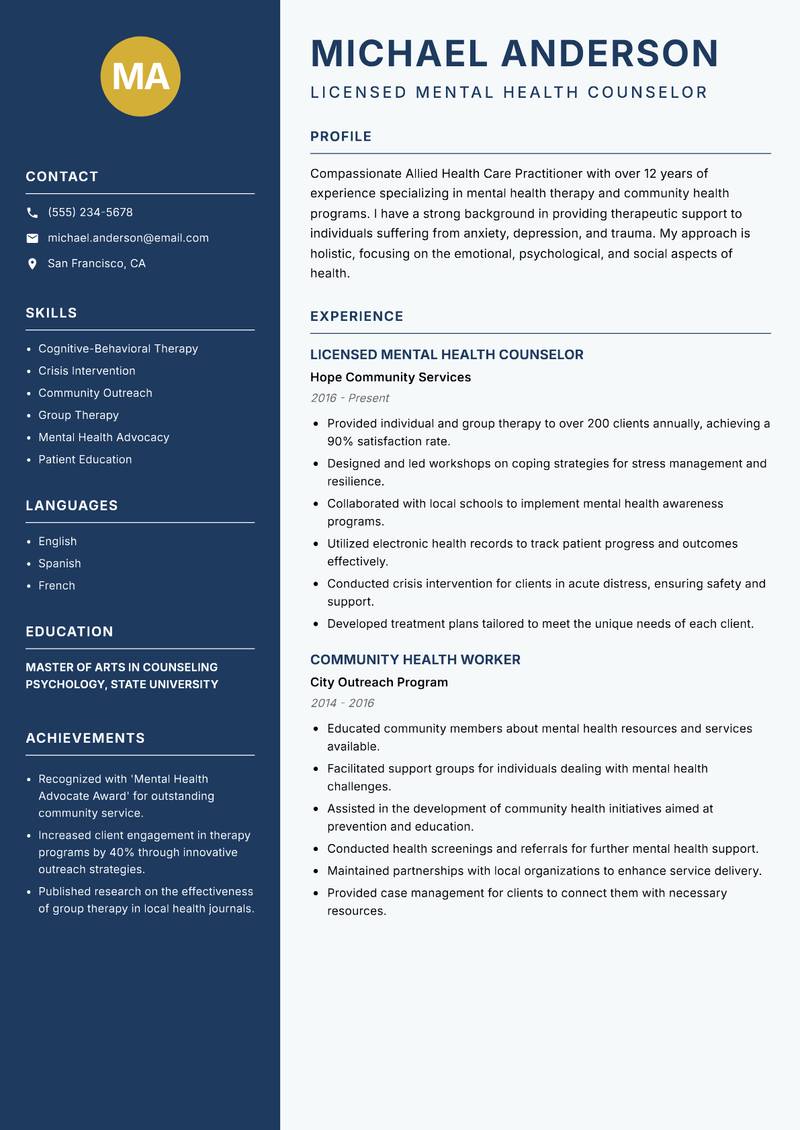 Allied Health Care Practitioner resume example