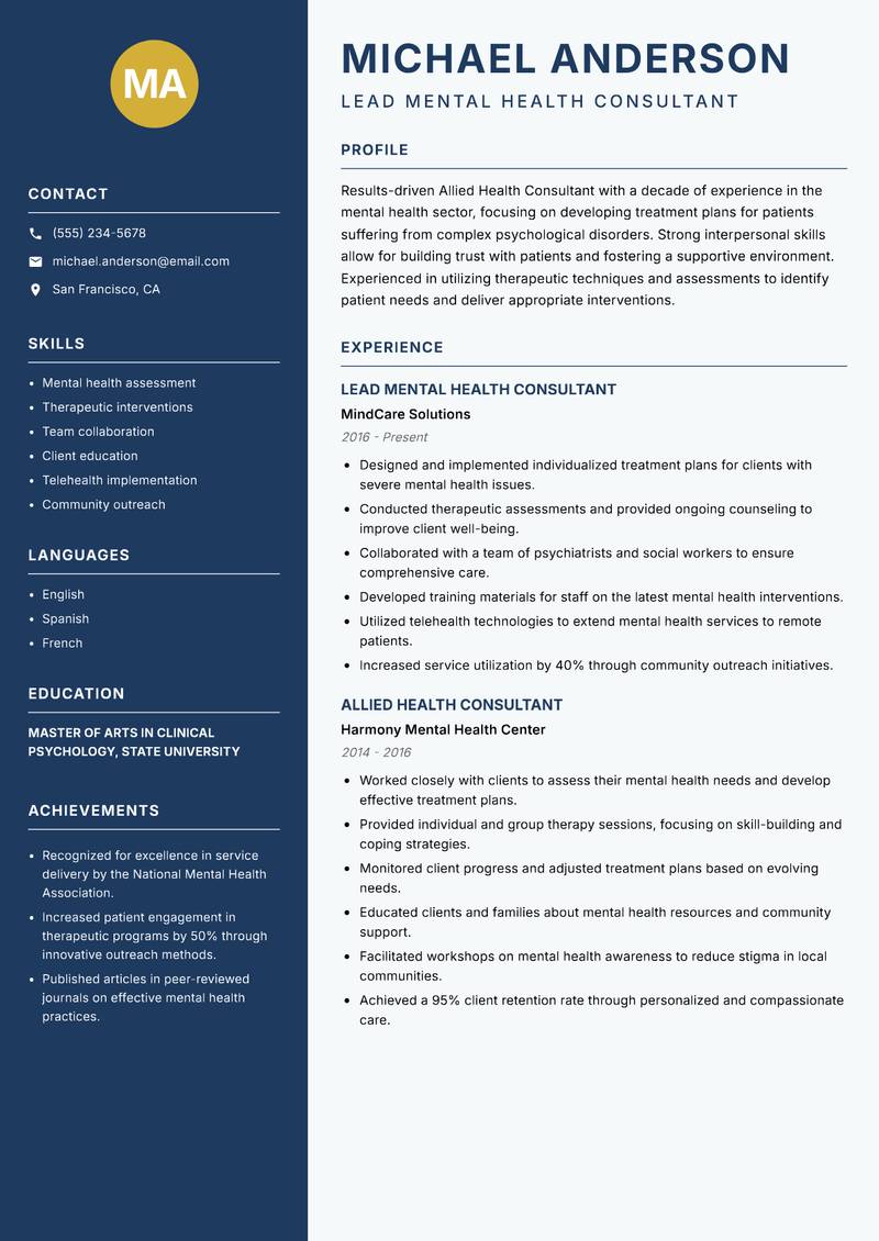 Allied Health Consultant resume template — Classic Clean