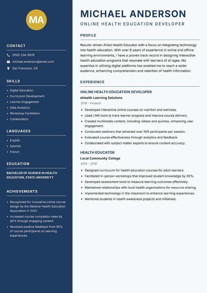 Allied Health Educator resume template — Classic Clean