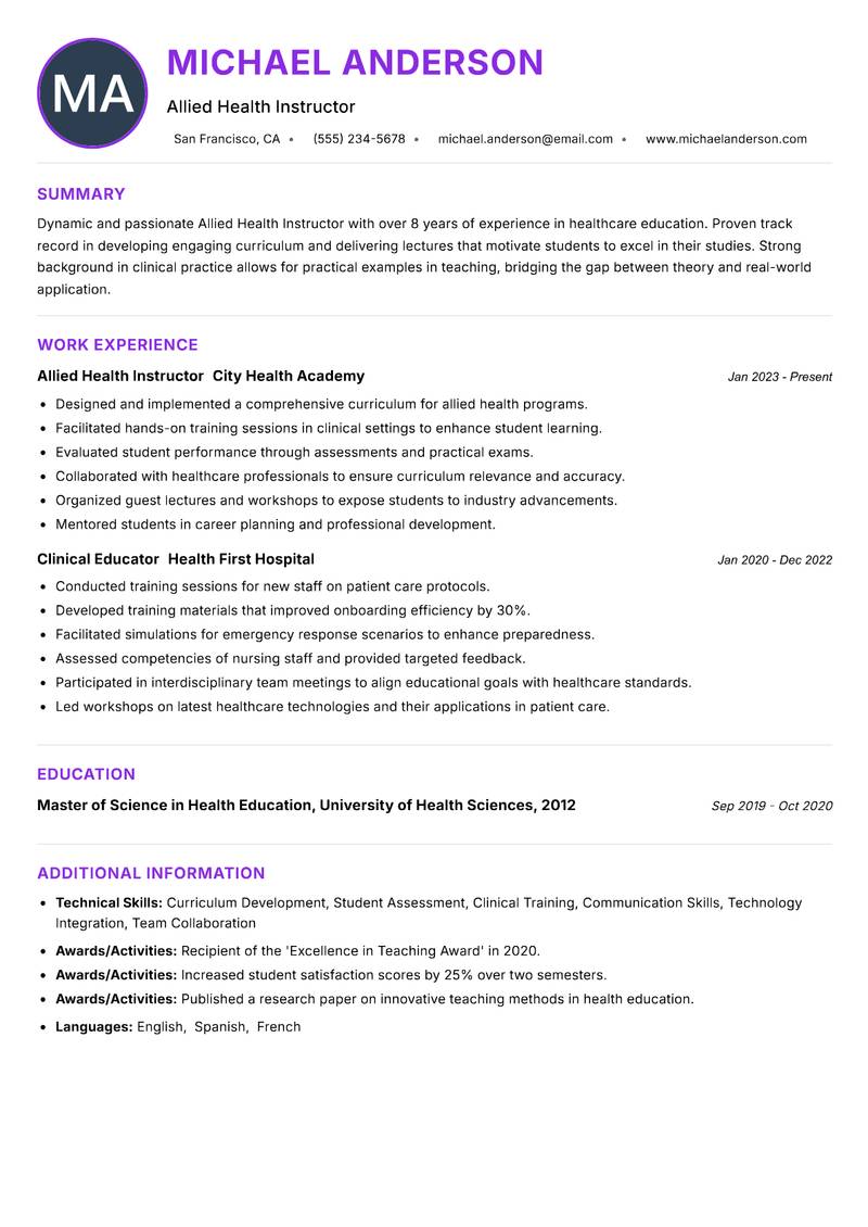 Allied Health Instructor resume example — ATS-friendly template