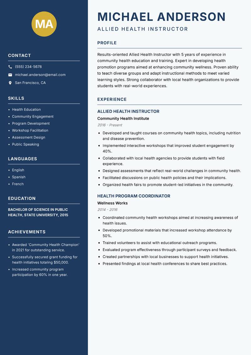 Allied Health Instructor resume template — Classic Clean