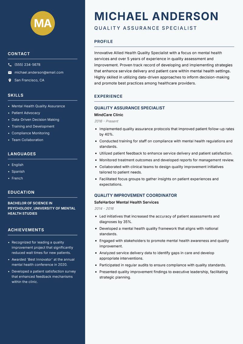 Allied Health Quality Specialist resume template — Classic Clean