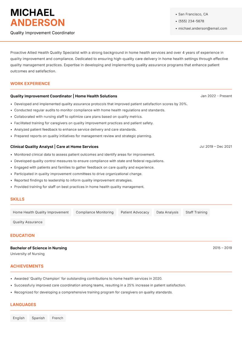Allied Health Quality Specialist resume template — Modern Professional