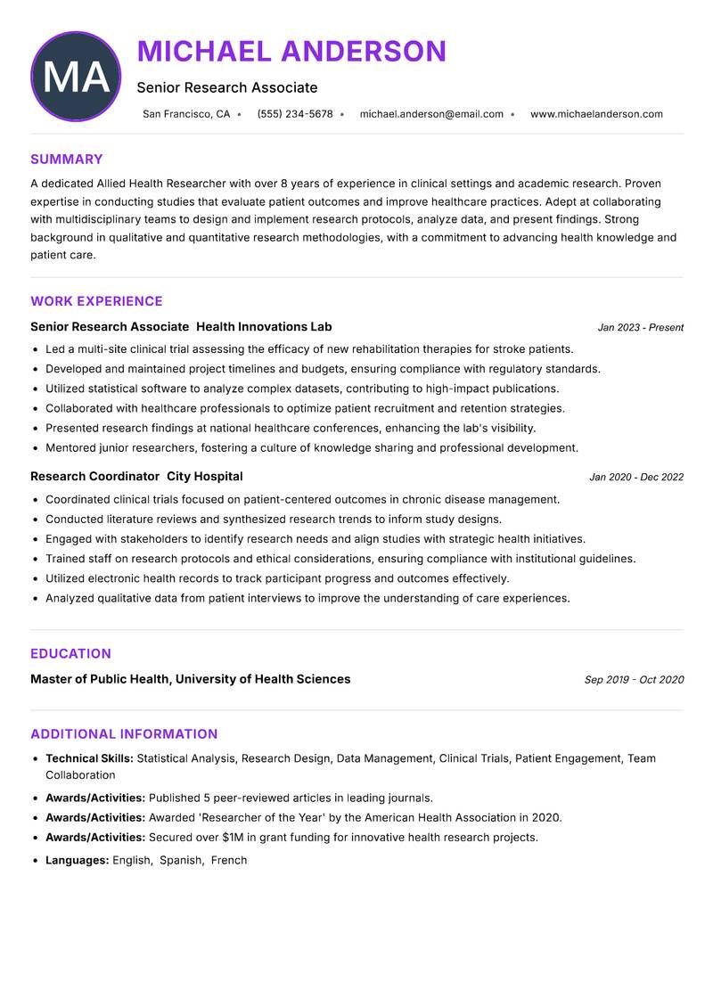 Allied Health Researcher resume example — ATS-friendly template