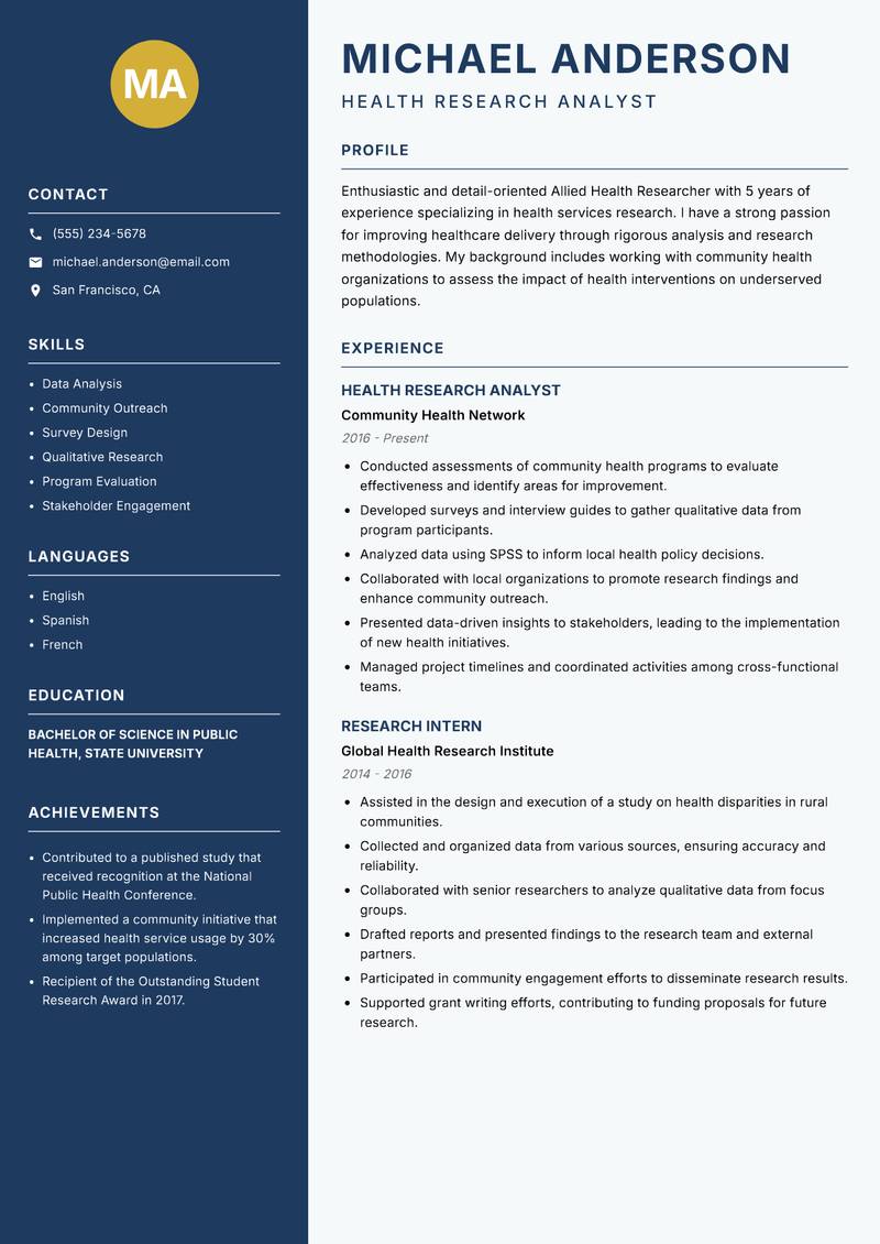 Allied Health Researcher resume template — Classic Clean
