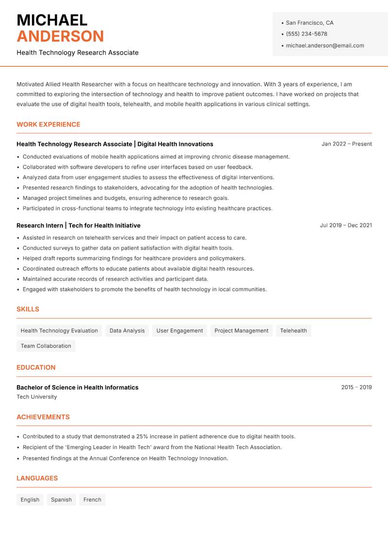 Allied Health Researcher resume template — Modern Professional