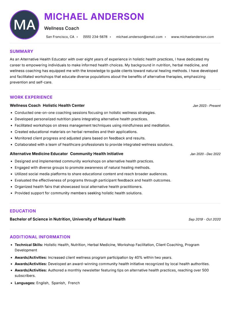 Alternative Health Educator resume example — ATS-friendly template