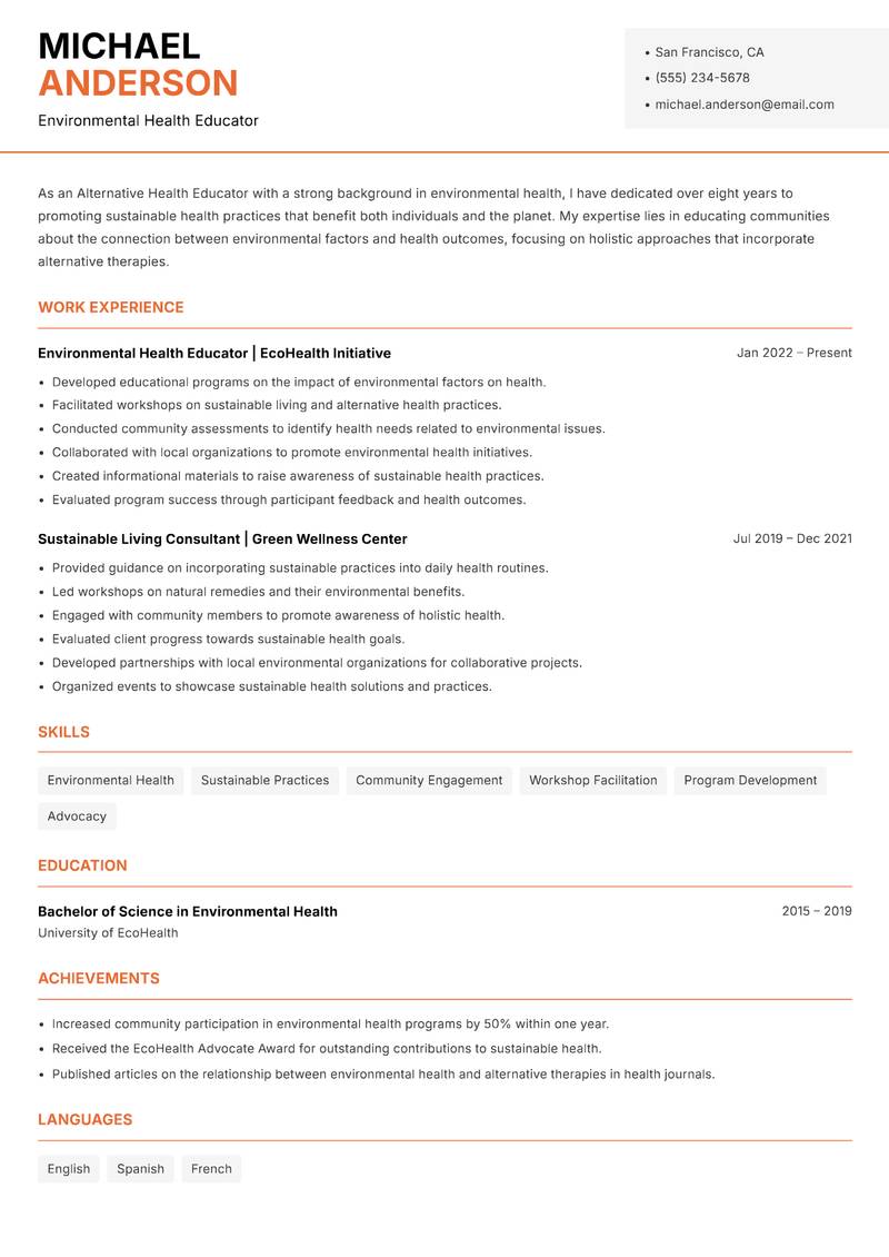 Alternative Health Educator resume template — Modern Professional