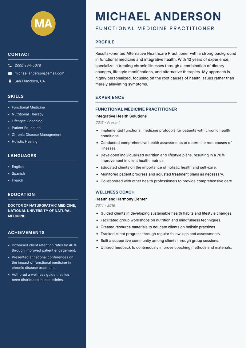 Alternative Healthcare Practitioner resume template — Classic Clean