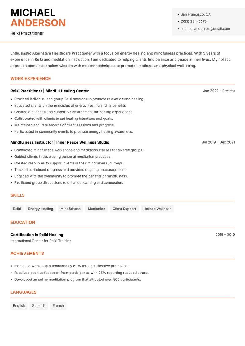 Alternative Healthcare Practitioner resume template — Modern Professional
