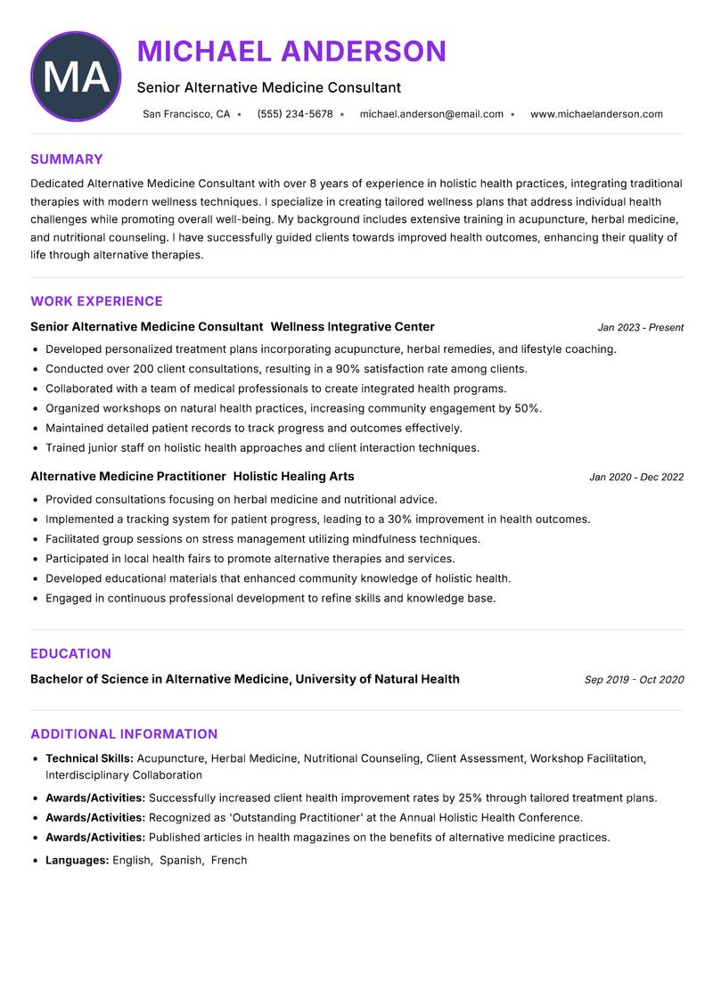 Alternative Medicine Consultant resume example — ATS-friendly template