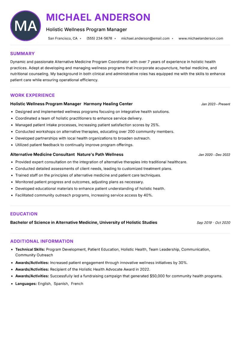 Alternative Medicine Program Coordinator resume example — ATS-friendly template