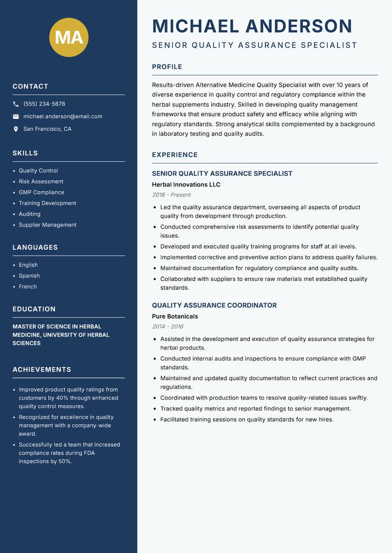 Alternative Medicine Quality Specialist resume template — Classic Clean
