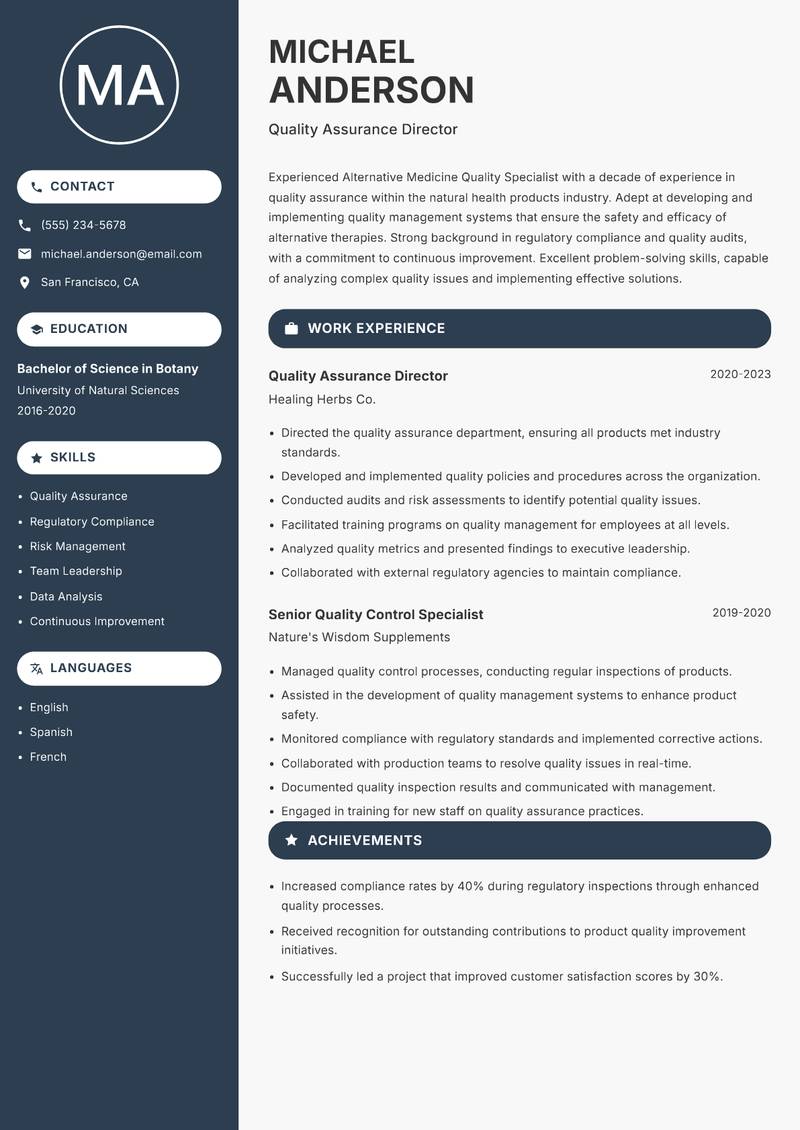 Alternative Medicine Quality Specialist resume template — Compact